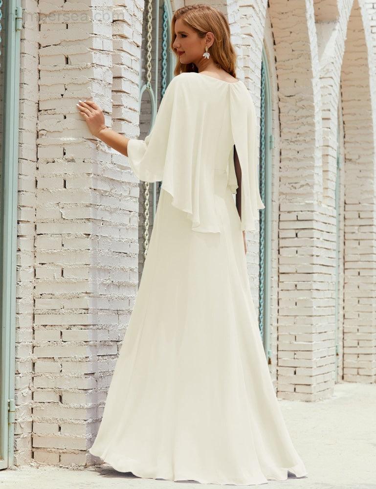 Bridesmaid Dress Women Long Sleeve V-Neck Chiffon Formal Wedding Party Dress 28018