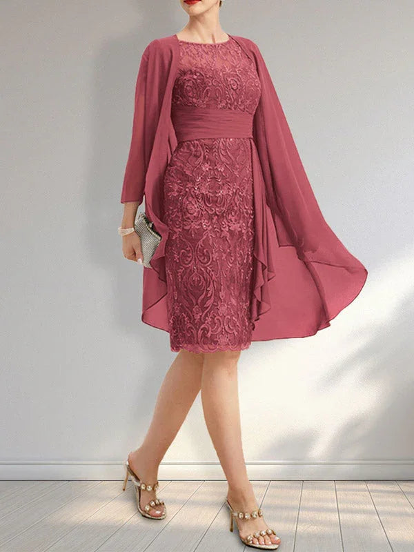 Etui-Schnitt Täuschung knielanges Spitzen-Chiffon Kleid der Brautmutter mit herabfließenden Rüschen und Pailletten