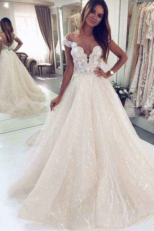 Gorgeous A Line Tulle Open Back Long Wedding Dress With Off The Shoulder
