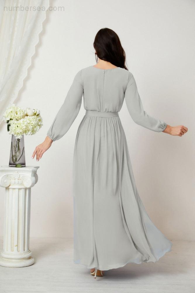 Evening Dresses Deep V-Neck Chiffon Bridesmaid Dresses Long Bishop Sleeve Side Split Formal Dress 2806