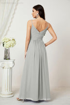 Chiffon V-Neck Bridesmaid Dress Spaghetti Strap Long Formal Party Prom Gowns with Slit 28010