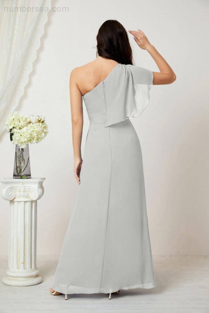 Chiffon Ruffled One Shoulder Long Bridesmaid Dresses A-line Formal Evening Gown Side Split 2809