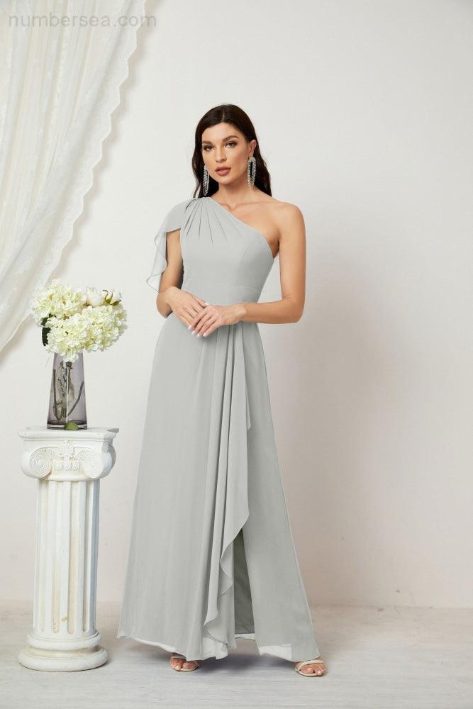 Chiffon Ruffled One Shoulder Long Bridesmaid Dresses A-line Formal Evening Gown Side Split 2809
