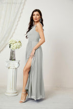 Chiffon V-Neck Bridesmaid Dress Spaghetti Strap Long Formal Party Prom Gowns with Slit 28010