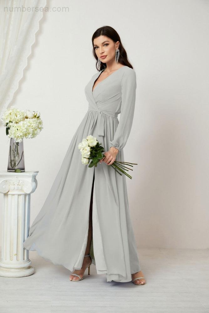 Evening Dresses Deep V-Neck Chiffon Bridesmaid Dresses Long Bishop Sleeve Side Split Formal Dress 2806