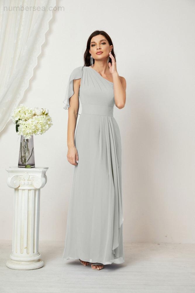Chiffon Ruffled One Shoulder Long Bridesmaid Dresses A-line Formal Evening Gown Side Split 2809