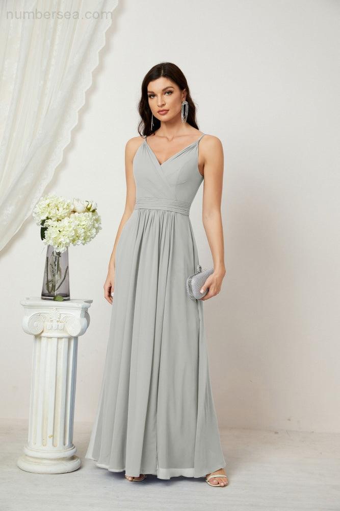 Chiffon V-Neck Bridesmaid Dress Spaghetti Strap Long Formal Party Prom Gowns with Slit 28010