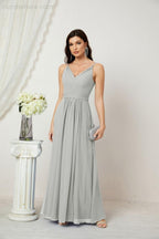 Chiffon V-Neck Bridesmaid Dress Spaghetti Strap Long Formal Party Prom Gowns with Slit 28010