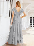 Ruffled Bridesmaid Dresses with Sleeves Long Formal Party Dress 28041
