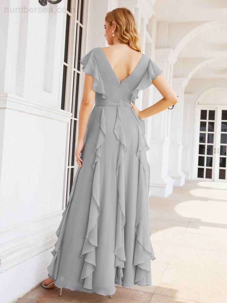 Ruffled Bridesmaid Dresses with Sleeves Long Formal Party Dress 28041