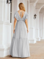 Abiti da sera formali da donna Numbersea con schiena scoperta, scollo a V, lunghi in chiffon, abiti da damigella con cintura in vita 28038