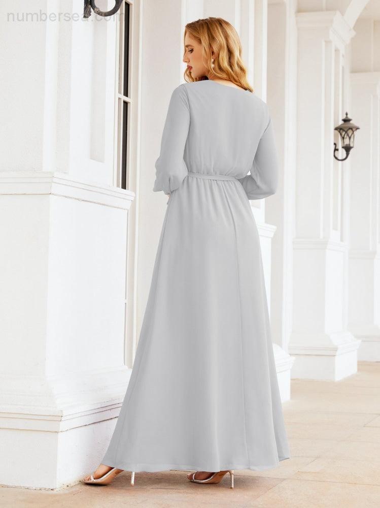 Vestito da damigella d'onore in chiffon da donna Numbersea, linea a trapezio, maniche lunghe, abito lungo formale da sera per ospite di matrimonio 28032