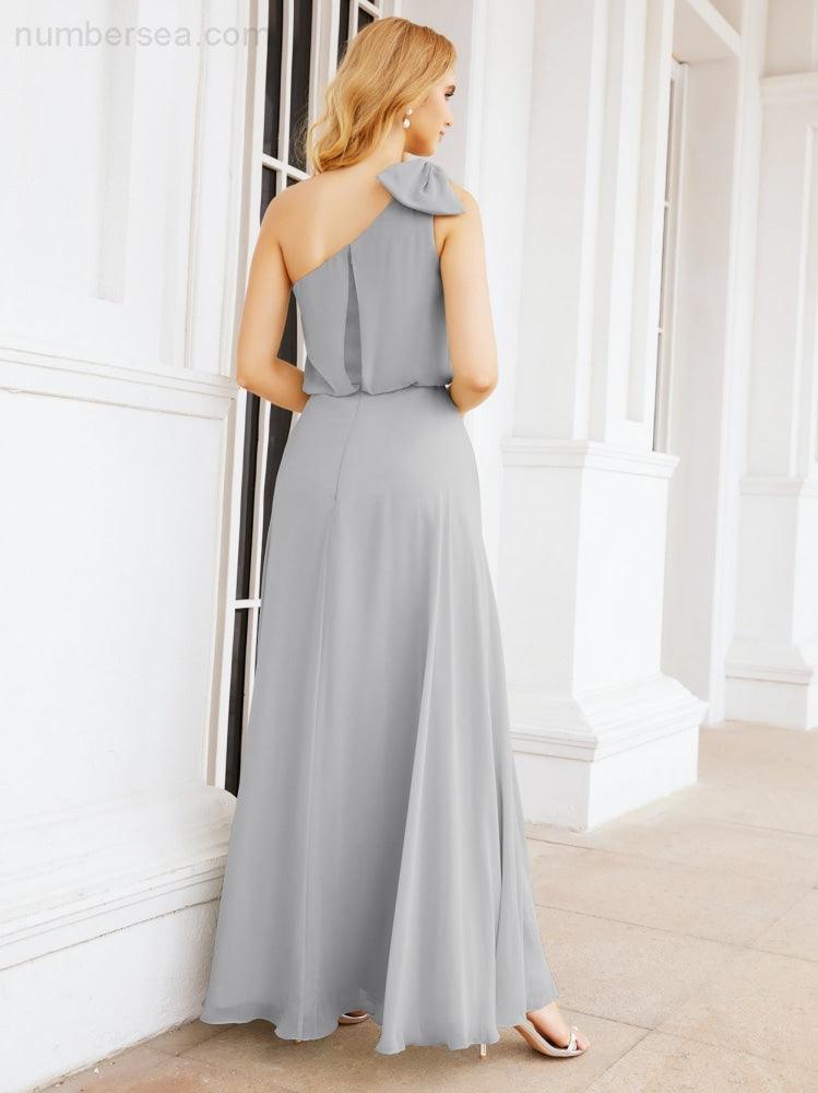 Chiffon Ruffled One Shoulder Sleeveless Long Bride Dresses A-line Formal Evening Gown Side Split 28057