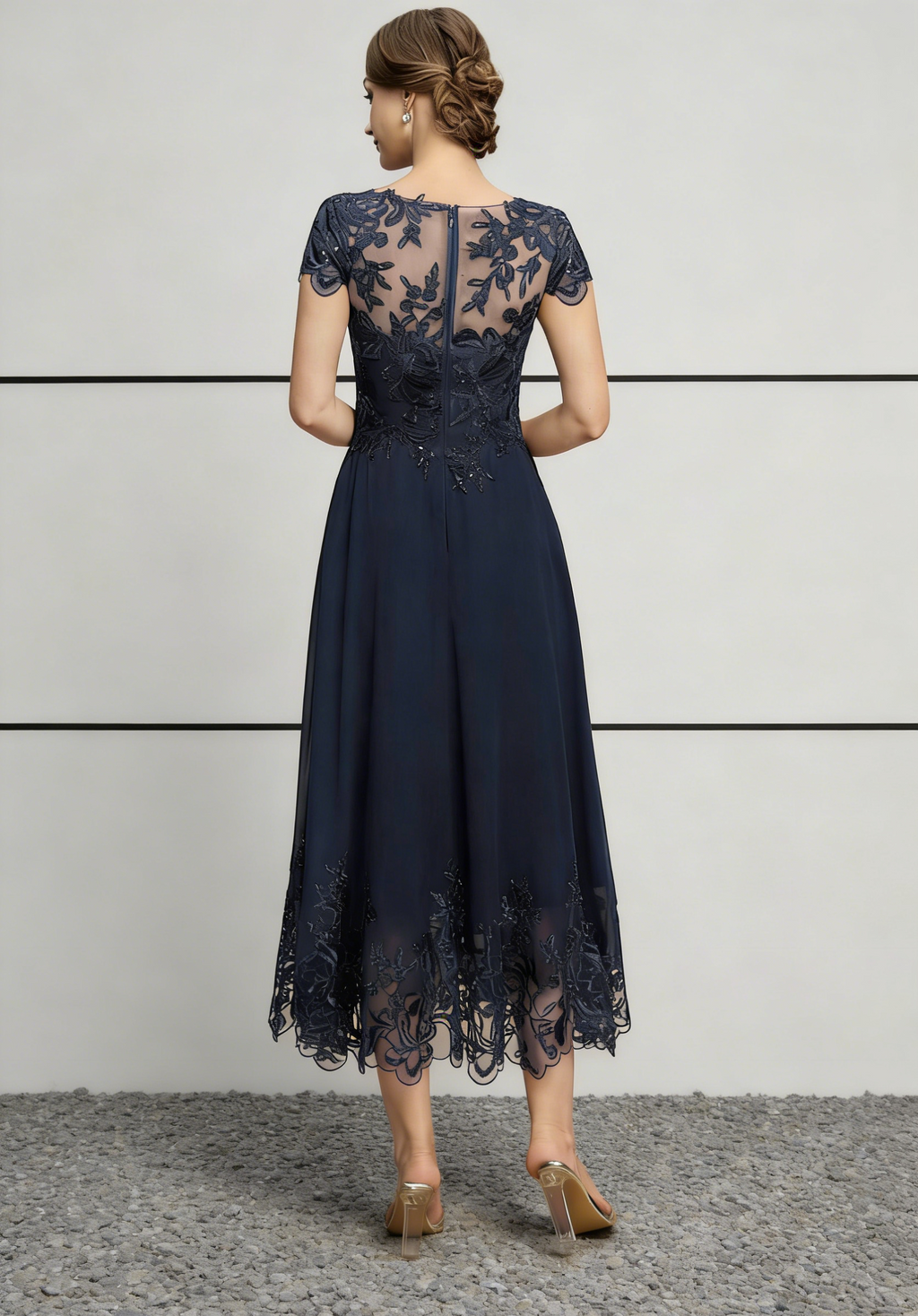 Navy Blue Chiffon & Sequin Lace Midi Dress with Illusion Neck & Scalloped Hem