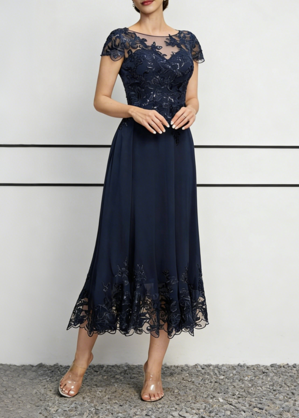 Navy Blue Chiffon & Sequin Lace Midi Dress with Illusion Neck & Scalloped Hem