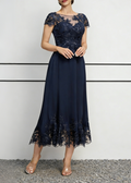 Navy Blue Chiffon & Sequin Lace Midi Dress with Illusion Neck & Scalloped Hem