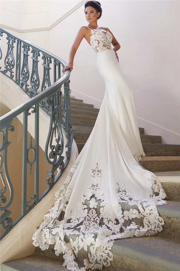 Bmbridal Lace Spaghetti Strap Mermaid Wedding Dress Sleeveless V Neck