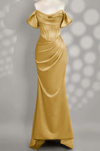 Off The Shoulder Sleeveless Mermaid Long Prom Dress With Pleated Custom Color