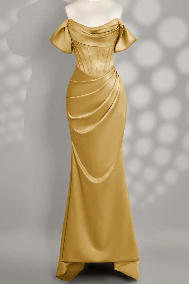 Off The Shoulder Sleeveless Mermaid Long Prom Dress With Pleated Custom Color