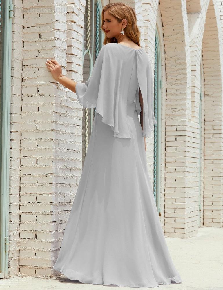 Bridesmaid Dress Women Long Sleeve V-Neck Chiffon Formal Wedding Party Dress 28018