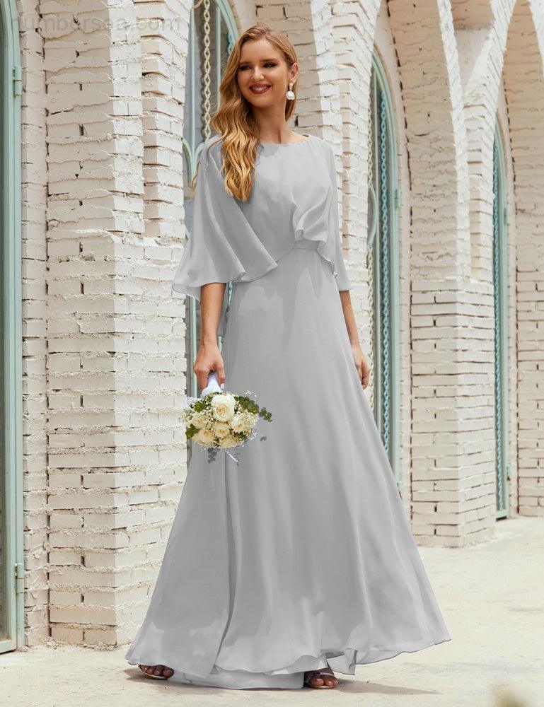 Bridesmaid Dress Women Long Sleeve V-Neck Chiffon Formal Wedding Party Dress 28018
