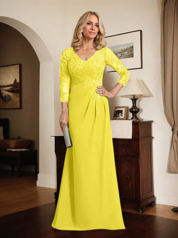 Vestido de madrina de novia con escote en V ilusión, corte columna, largo hasta el suelo, de encaje y gasa con lentejuelas plisadas