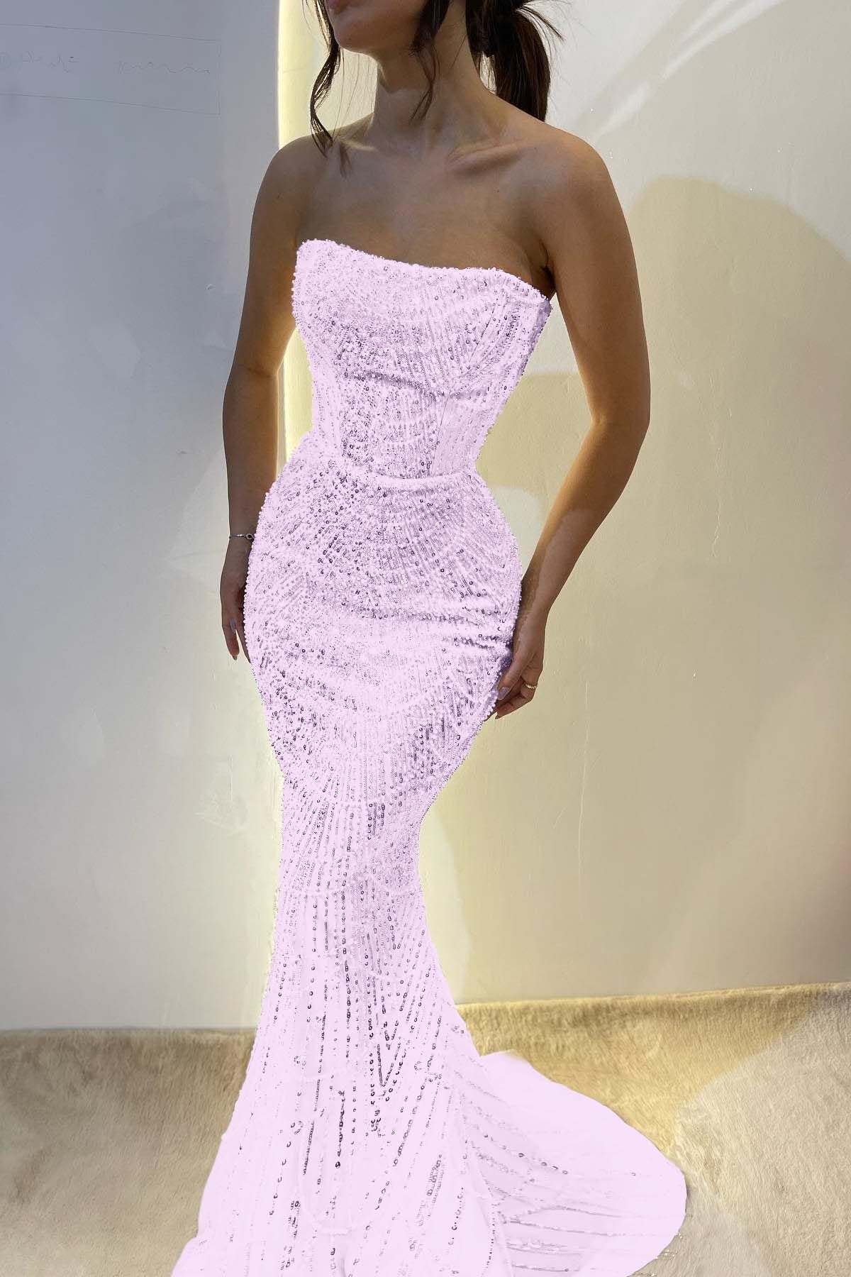 Chic Strapless Long Mermaid Prom Dress With Sequins Custom Colors And Sizes