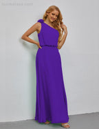 Ruffled One Shoulder Sleeveless Long Bridesmaid Dresses A-line Formal Evening Gown Side Split 28080