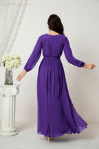 Evening Dresses Deep V-Neck Chiffon Bridesmaid Dresses Long Bishop Sleeve Side Split Formal Dress 2806