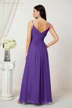 Chiffon V-Neck Bridesmaid Dress Spaghetti Strap Long Formal Party Prom Gowns with Slit 28010