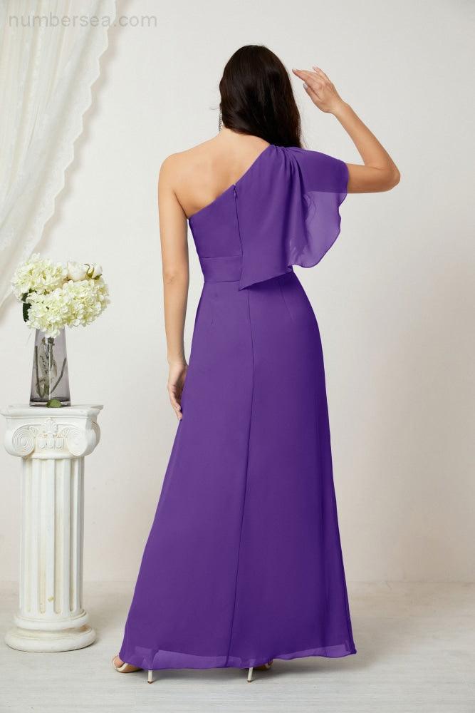 Chiffon Ruffled One Shoulder Long Bridesmaid Dresses A-line Formal Evening Gown Side Split 2809