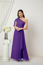 Chiffon Ruffled One Shoulder Long Bridesmaid Dresses A-line Formal Evening Gown Side Split 2809