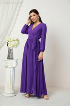 Evening Dresses Deep V-Neck Chiffon Bridesmaid Dresses Long Bishop Sleeve Side Split Formal Dress 2806