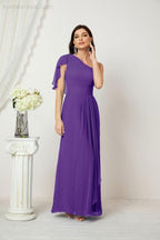 Chiffon Ruffled One Shoulder Long Bridesmaid Dresses A-line Formal Evening Gown Side Split 2809