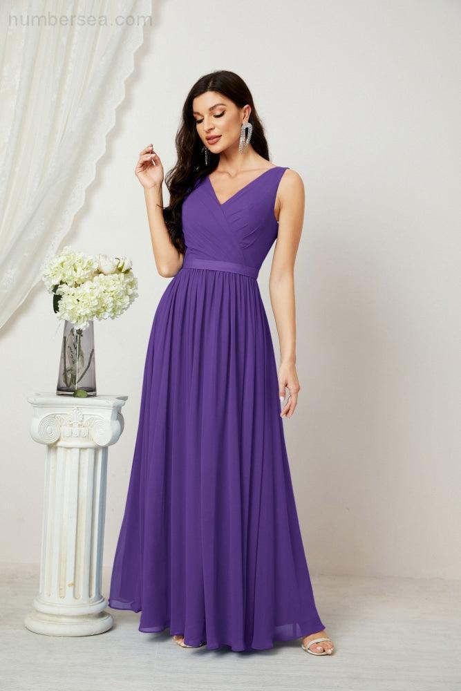 Abiti lunghi da damigella in chiffon da donna, linea a, senza maniche, abito formale da ballo per serata, abiti per festa di ritorno a casa 2808