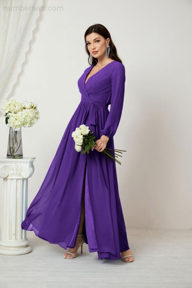 Evening Dresses Deep V-Neck Chiffon Bridesmaid Dresses Long Bishop Sleeve Side Split Formal Dress 2806