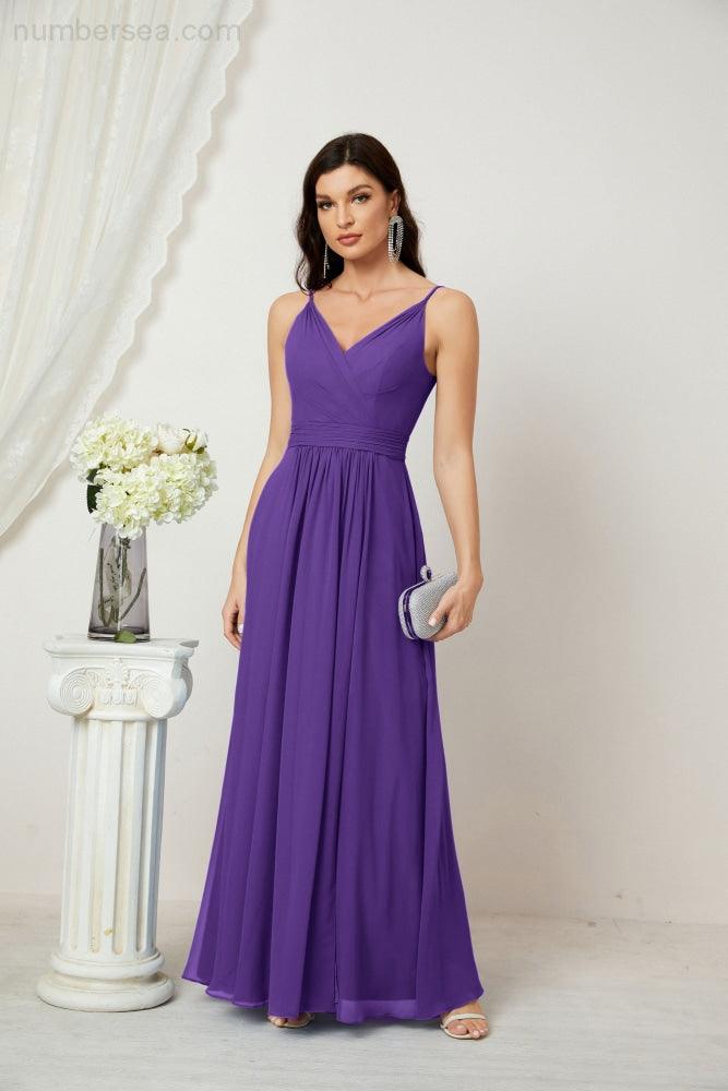 Chiffon V-Neck Bridesmaid Dress Spaghetti Strap Long Formal Party Prom Gowns with Slit 28010