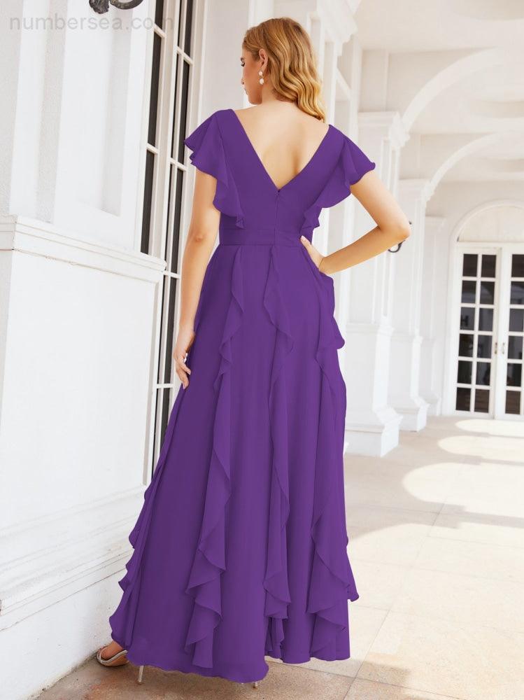 Ruffled Bridesmaid Dresses with Sleeves Long Formal Party Dress 28041