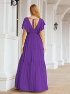 Abiti da sera formali da donna Numbersea con schiena scoperta, scollo a V, lunghi in chiffon, abiti da damigella con cintura in vita 28038