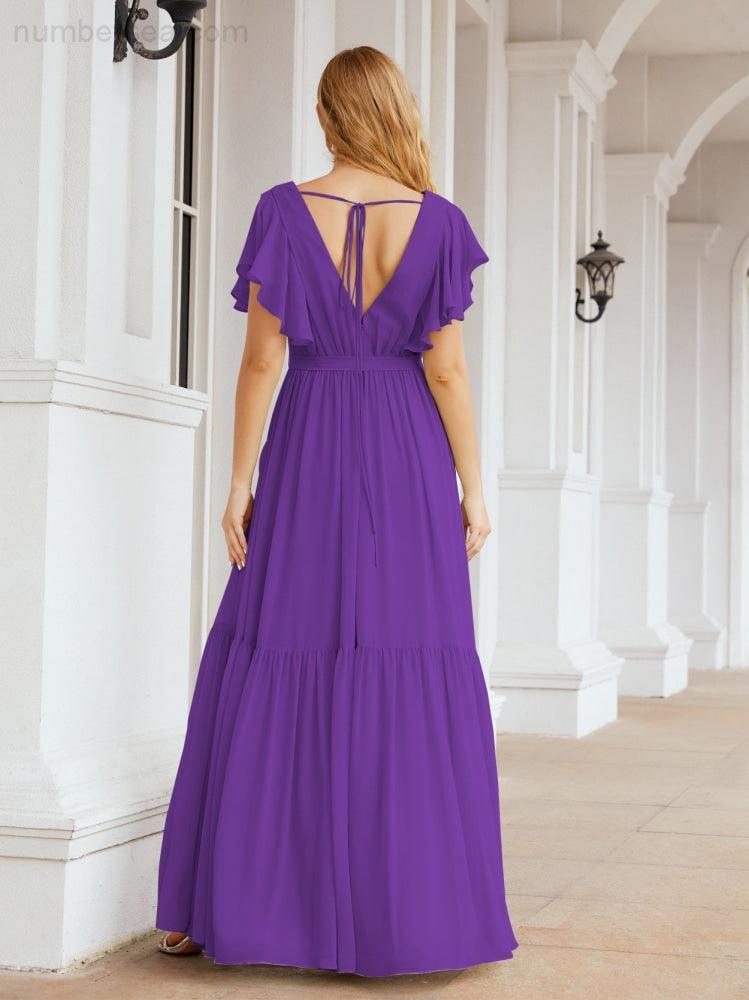 Abiti da sera formali da donna Numbersea con schiena scoperta, scollo a V, lunghi in chiffon, abiti da damigella con cintura in vita 28038