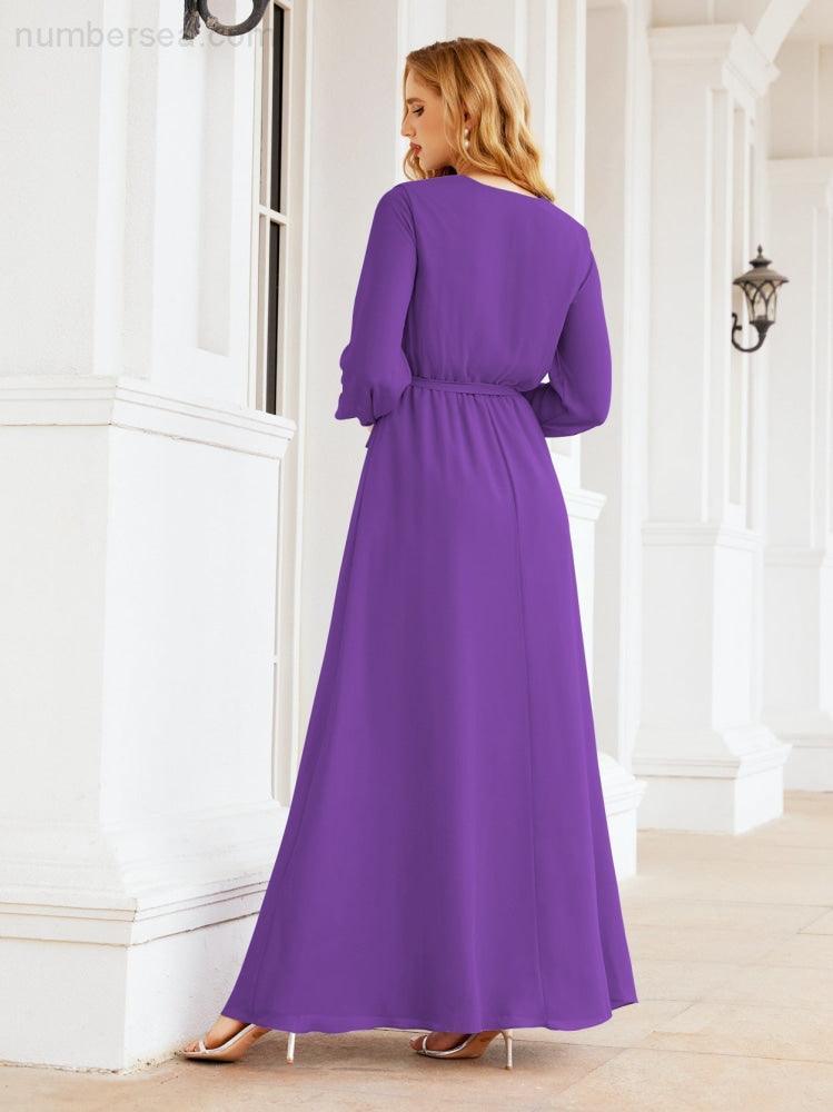 Vestito da damigella d'onore in chiffon da donna Numbersea, linea a trapezio, maniche lunghe, abito lungo formale da sera per ospite di matrimonio 28032