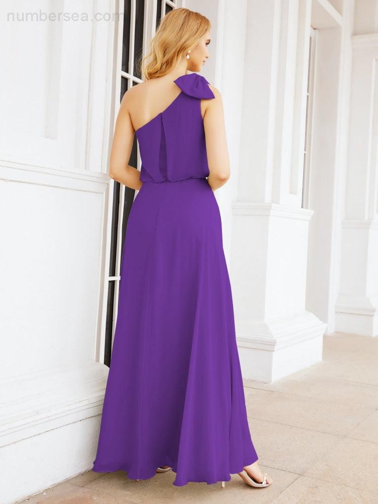 Chiffon Ruffled One Shoulder Sleeveless Long Bride Dresses A-line Formal Evening Gown Side Split 28057