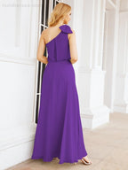 Chiffon Ruffled One Shoulder Sleeveless Long Bride Dresses A-line Formal Evening Gown Side Split 28057
