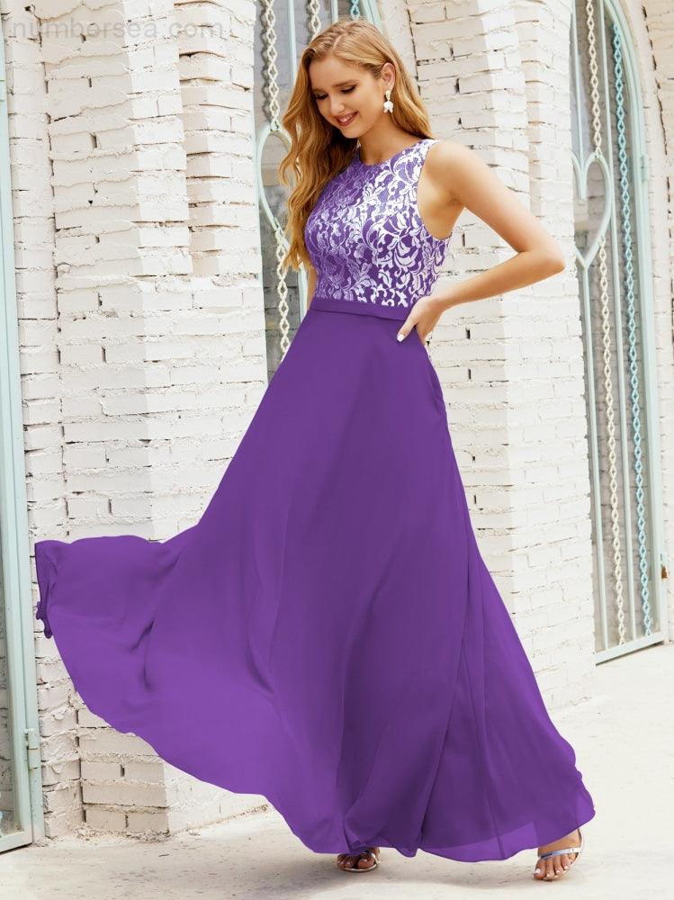Vestido de Dama de Honra em Renda Comprimento ao Chão Vestidos de Noite com Bolsos 28017
