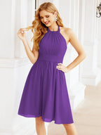 Halter Chiffon Bridesmaid Dresses Short Sleeveless Formal Party Dress Open Back 28023
