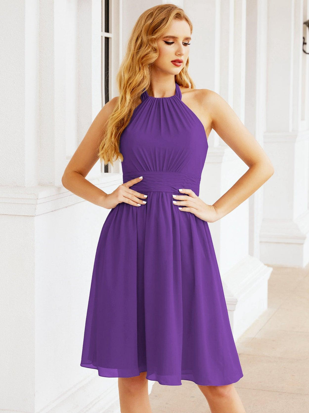 Halter Chiffon Bridesmaid Dresses Short Sleeveless Formal Party Dress Open Back 28023