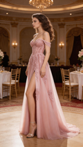 Blush Pink Lace Corset Evening Gown Off Shoulder Tulle Dress With Slit And Train