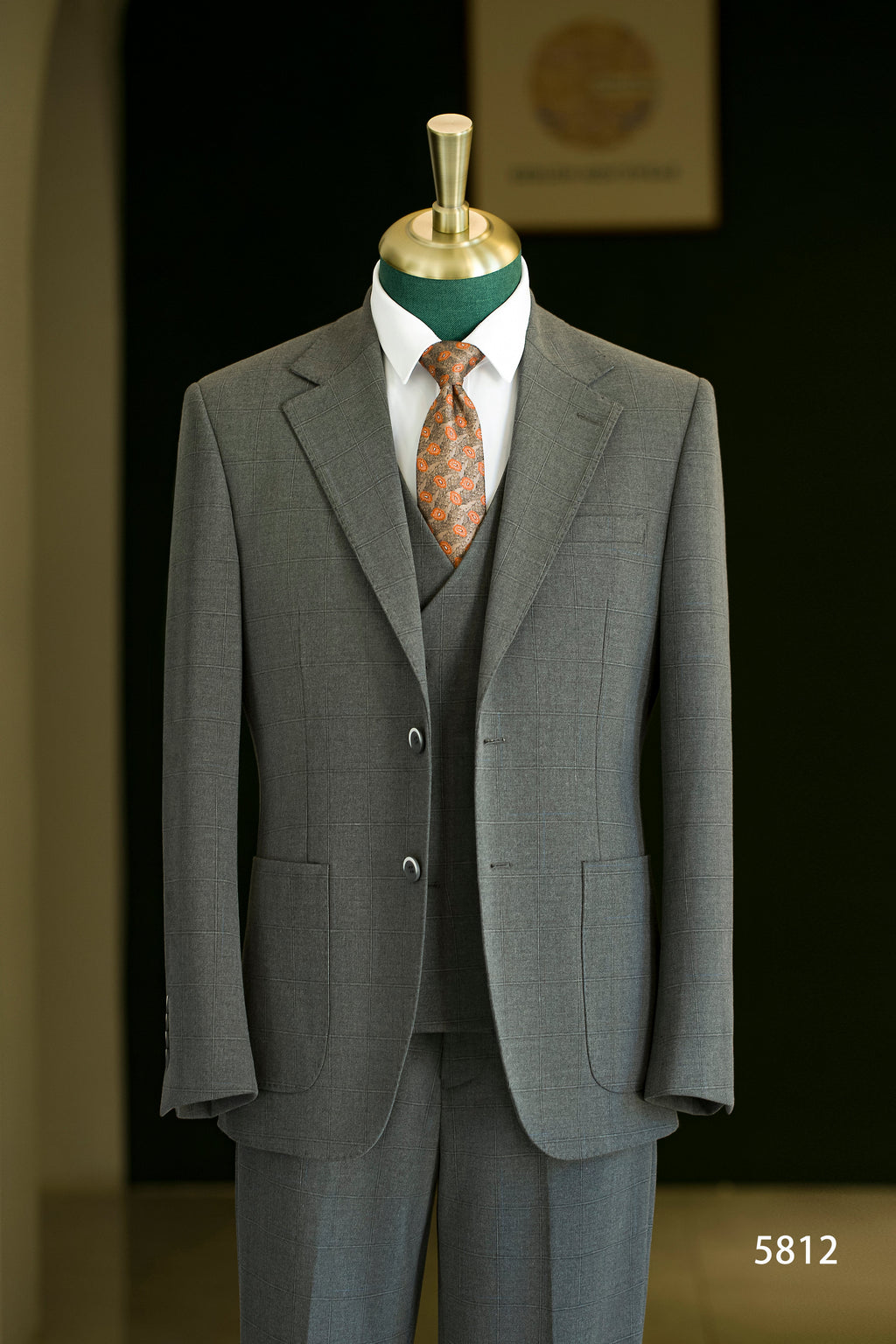 Charcoal Grey Windowpane Check Wool 3 Piece Wedding Suit For Groom And Groomsmen