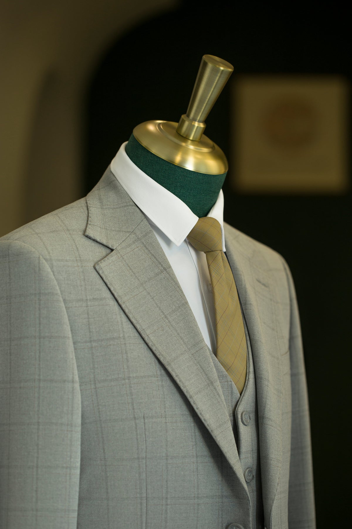 Light Grey Windowpane Check 3 Piece Wedding Suit For Groom And Groomsmen