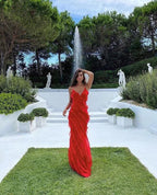 Robe de bal rouge sexy à volants, dos nu, longue robe de soirée pour fête Y7474